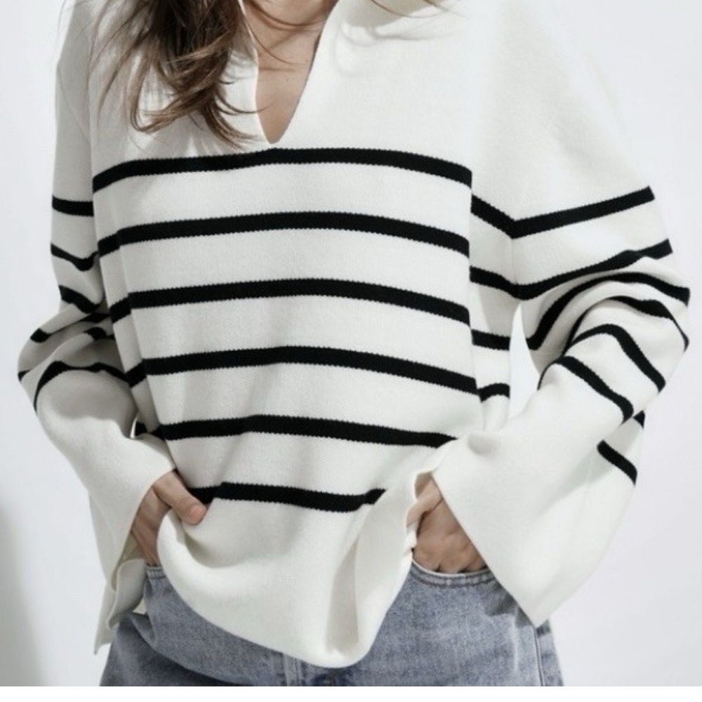 Beige Botany Striped Sweater Wide Sleeves Nautical Coastal‎ Preppy Quiet Luxury